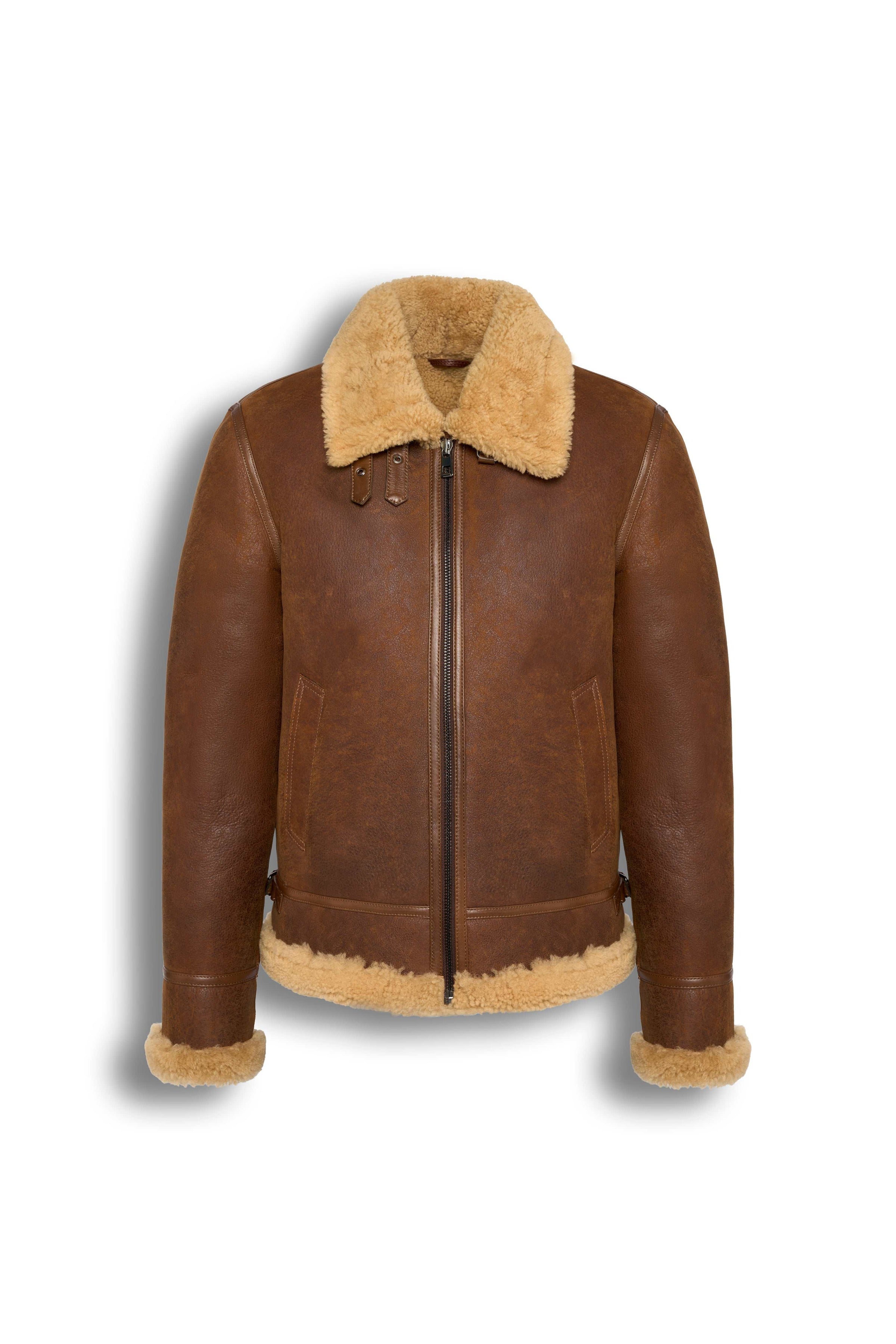 Tan genuine shearling aviator jacket with soft shearling lining and premium sheepskin material