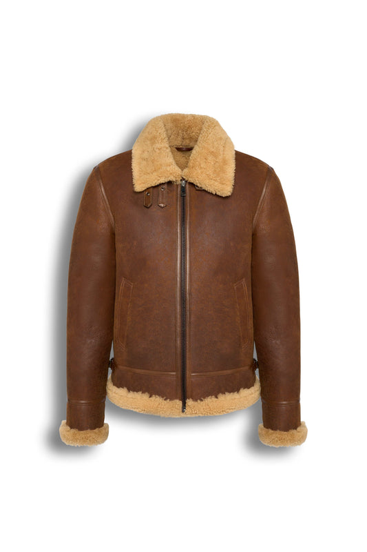 Tan genuine shearling aviator jacket with soft shearling lining and premium sheepskin material