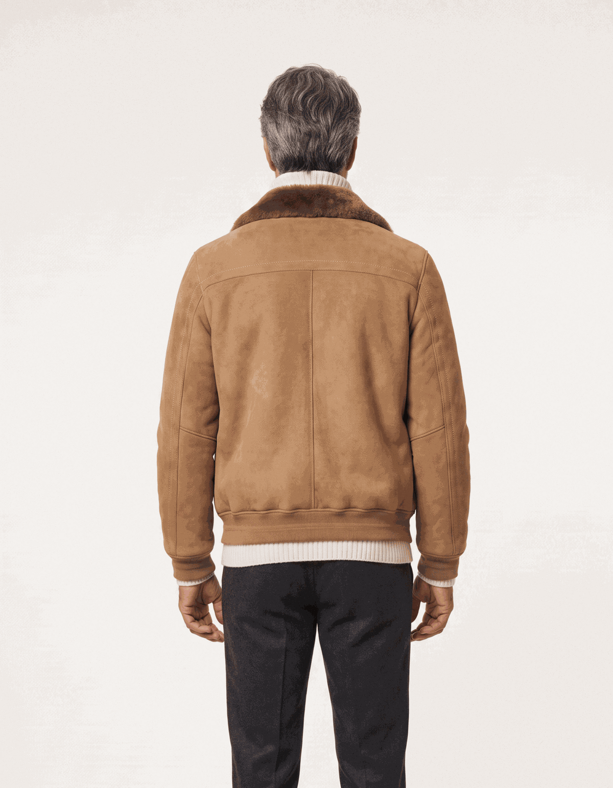 Men's camel shearling suede bomber jacket with ribbed cuffs and metal zipper, crafted from premium genuine suede leather