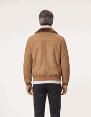 Men's camel shearling suede bomber jacket with ribbed cuffs and metal zipper, crafted from premium genuine suede leather