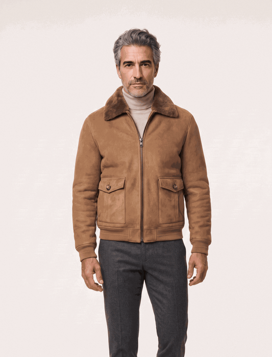 Men's camel shearling suede bomber jacket with full zipper and flap pockets on a mannequin