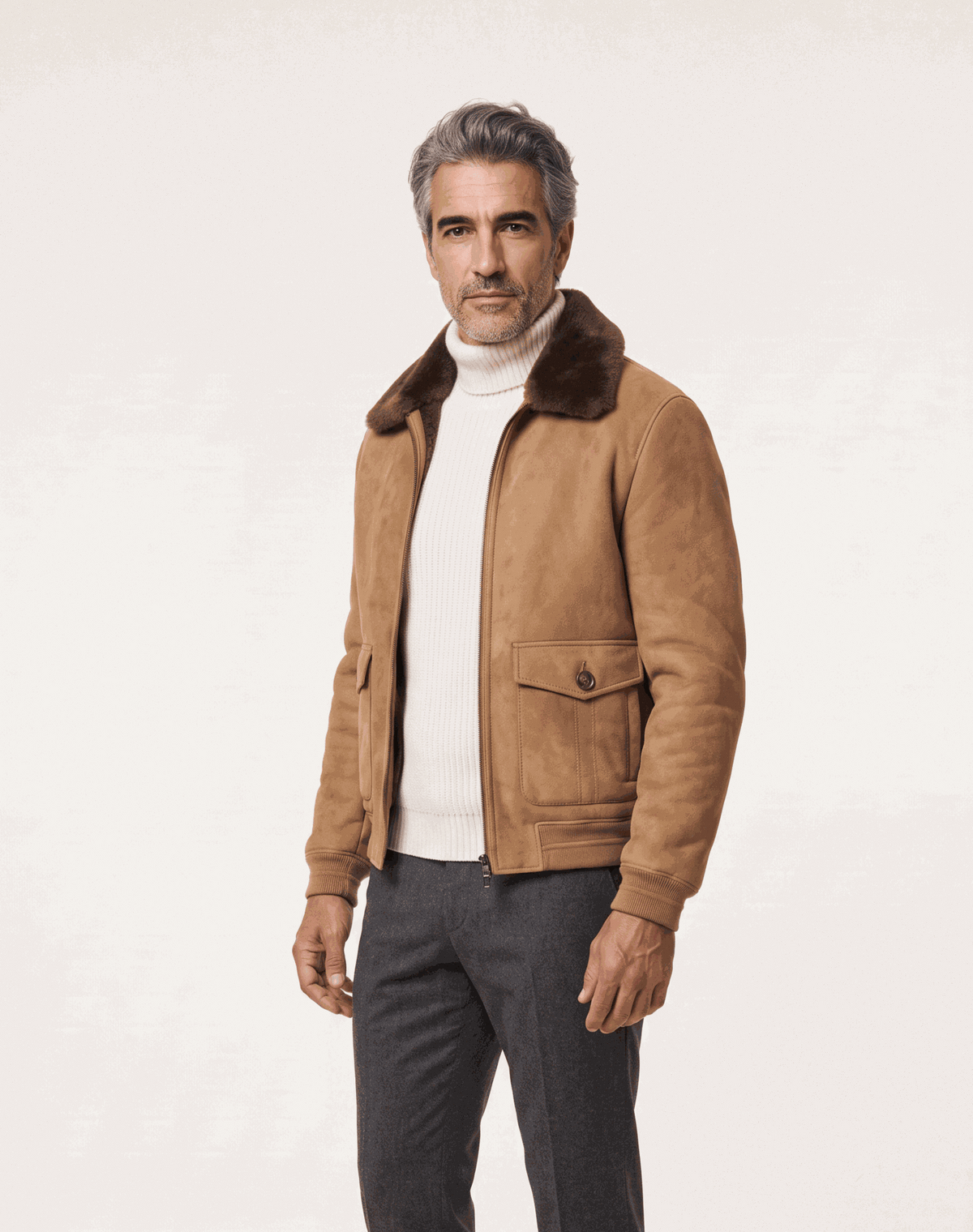 Men's camel shearling suede bomber jacket with zipper and flap pockets