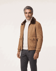 Men's camel shearling suede bomber jacket with zipper and flap pockets