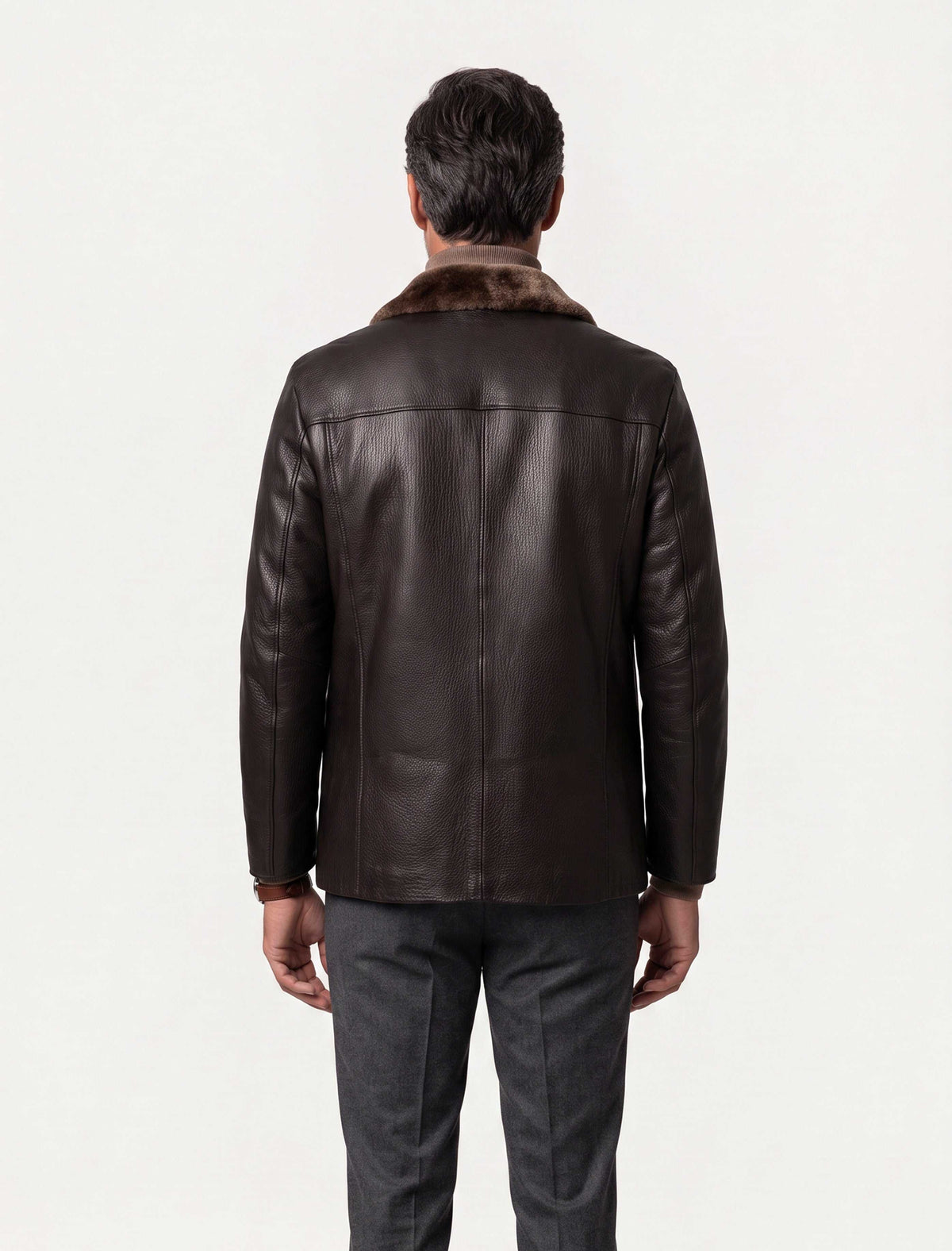Dark brown Torino Shearling Collar Leather Coat made from genuine leather with luxurious shearling collar
