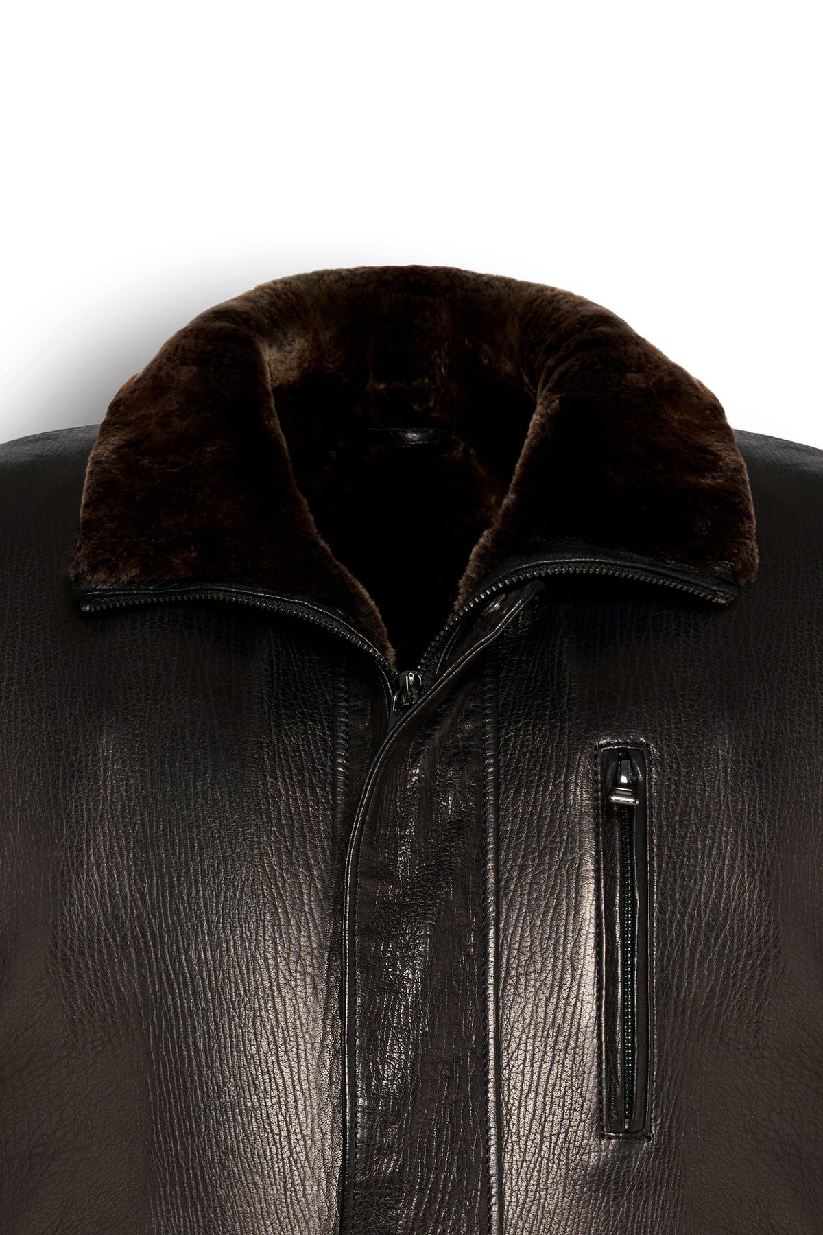 Dark brown Torino shearling collar leather coat for men showcasing premium genuine leather and luxurious shearling collar.