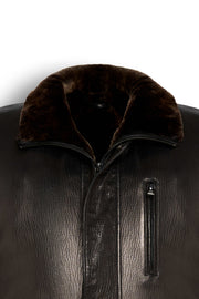 Dark brown Torino shearling collar leather coat for men showcasing premium genuine leather and luxurious shearling collar.