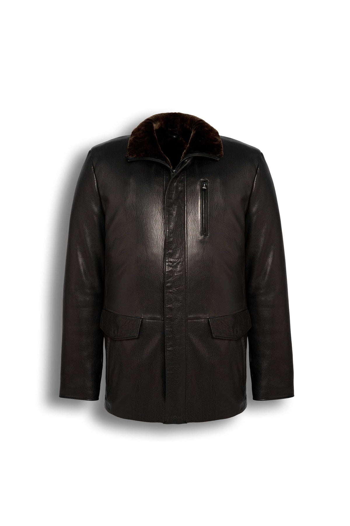 Torino Shearling Collar Leather Coat in dark brown with genuine leather and luxurious shearling collar