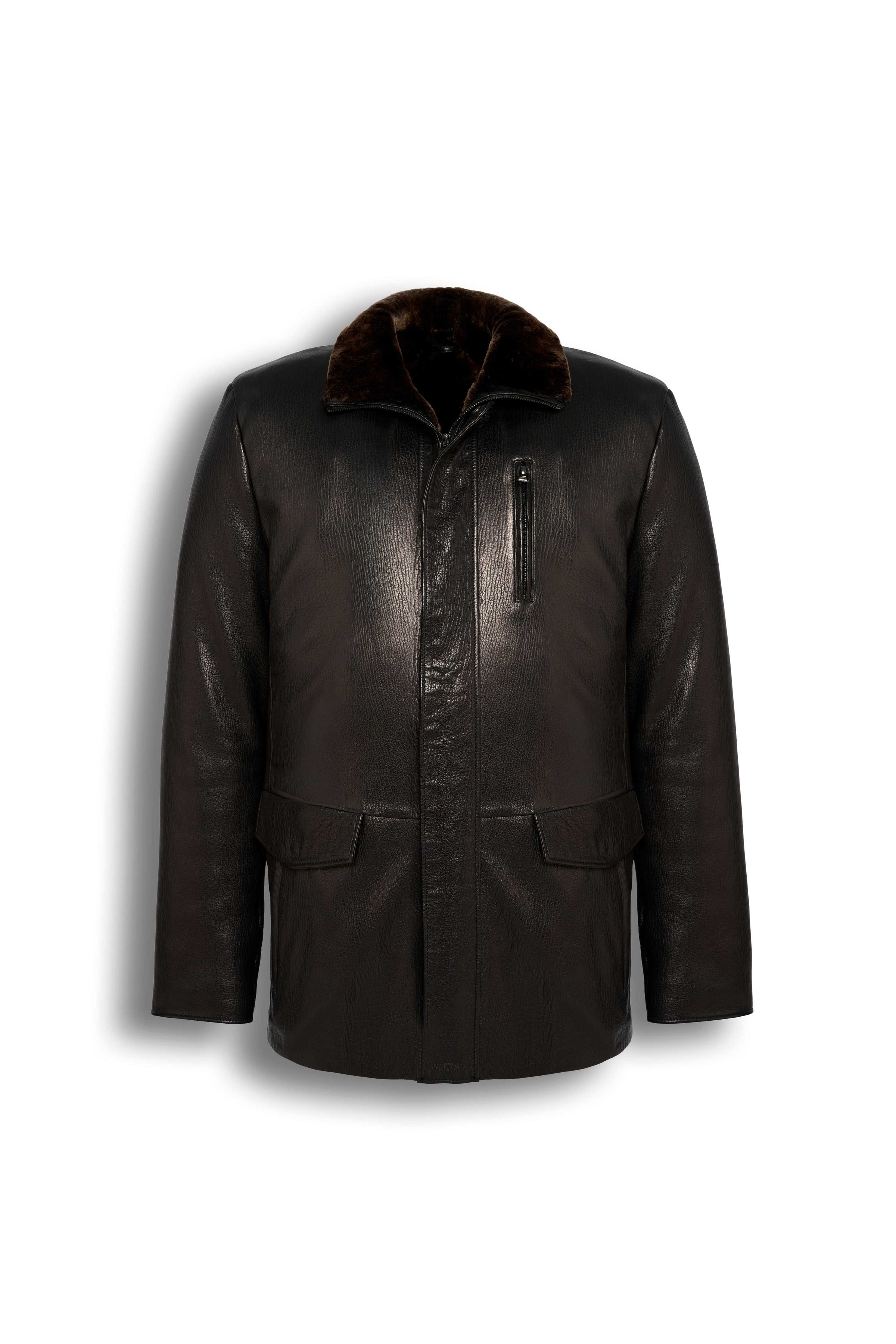 Torino Shearling Collar Leather Coat in dark brown with genuine leather and luxurious shearling collar