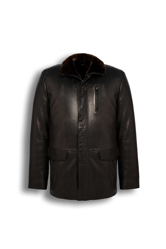 Torino Shearling Collar Leather Coat in dark brown with genuine leather and luxurious shearling collar