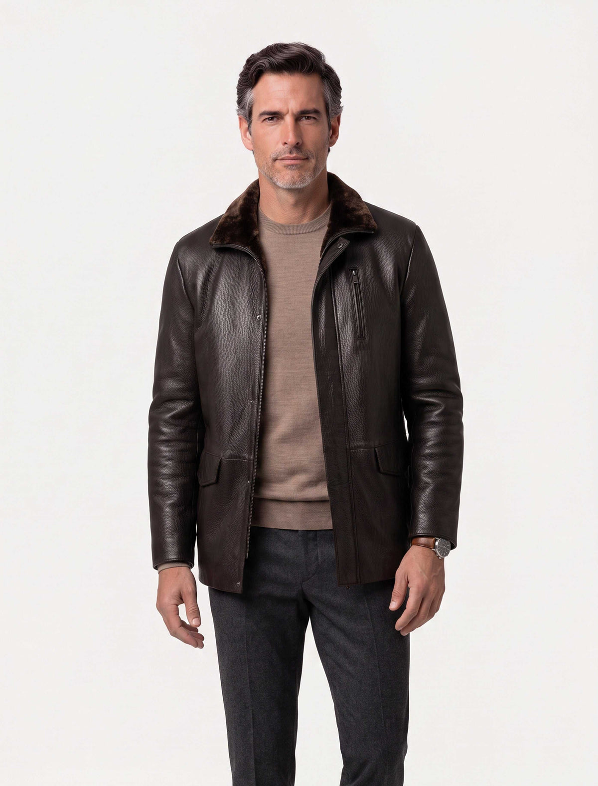 Dark brown Torino Shearling Collar Leather Coat made from genuine leather with a luxurious shearling collar