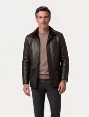 Dark brown Torino Shearling Collar Leather Coat made from genuine leather with a luxurious shearling collar