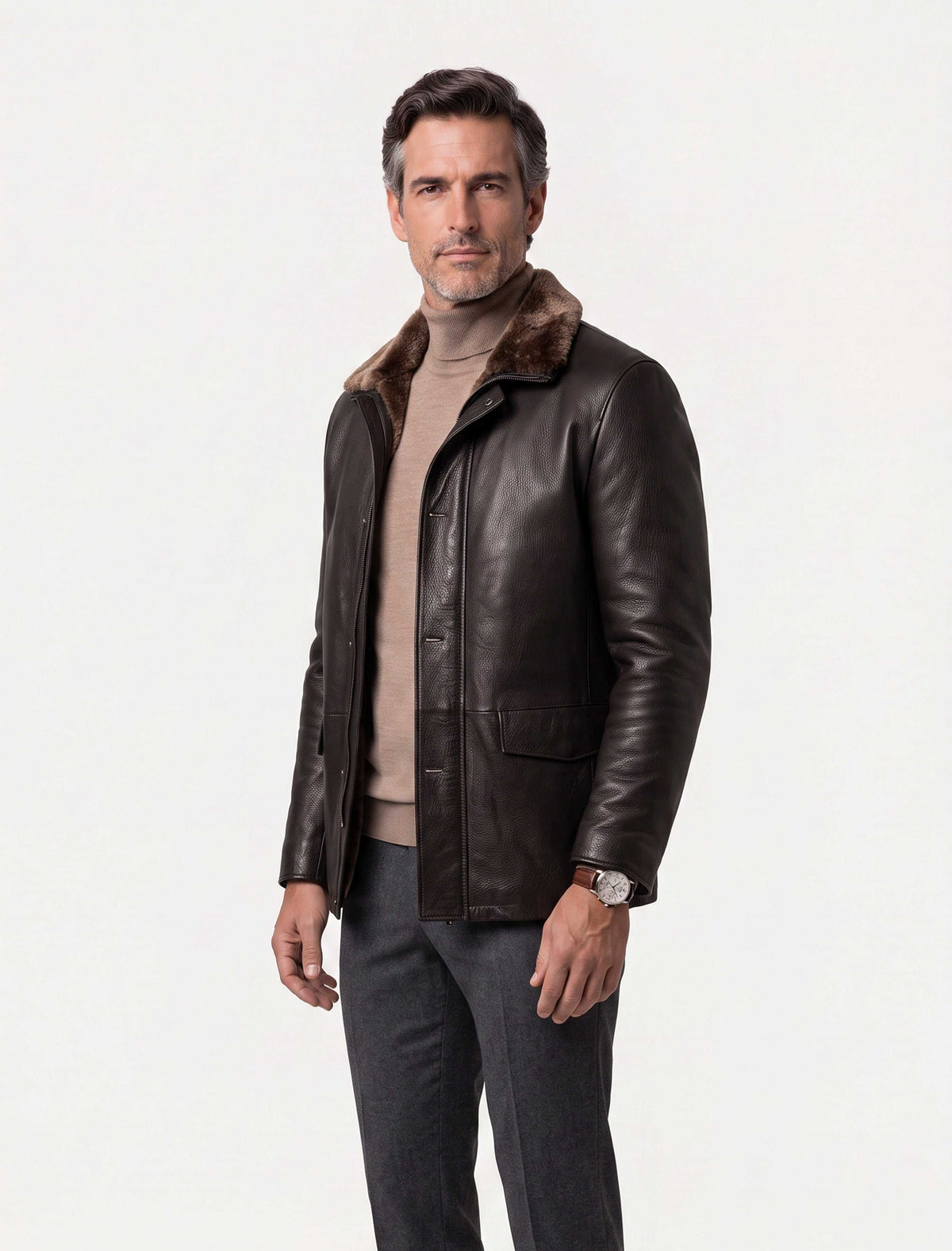 Dark brown Torino shearling collar leather coat for men showcasing premium genuine leather and luxurious comfort