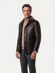 Dark brown Torino shearling collar leather coat for men showcasing premium genuine leather and luxurious comfort