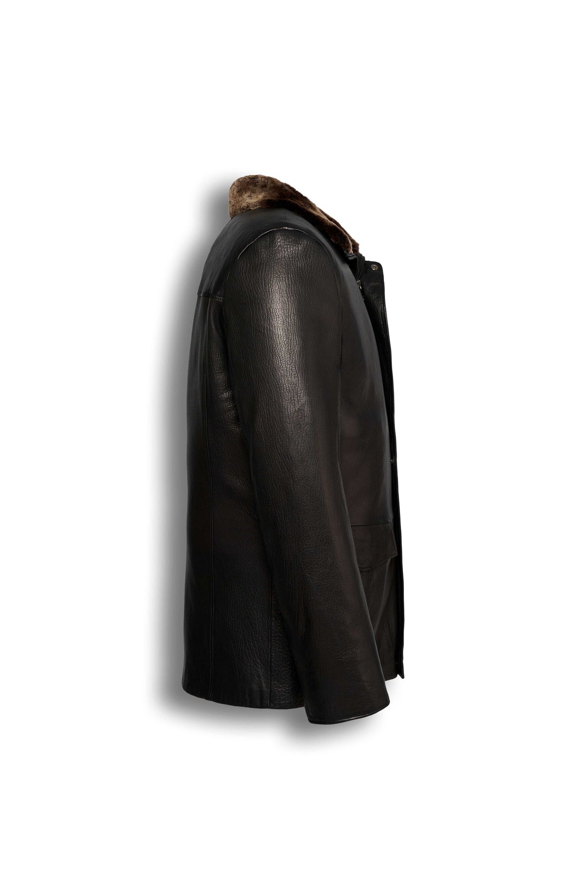 Dark brown Torino shearling collar leather coat for men showcasing premium craftsmanship and luxury