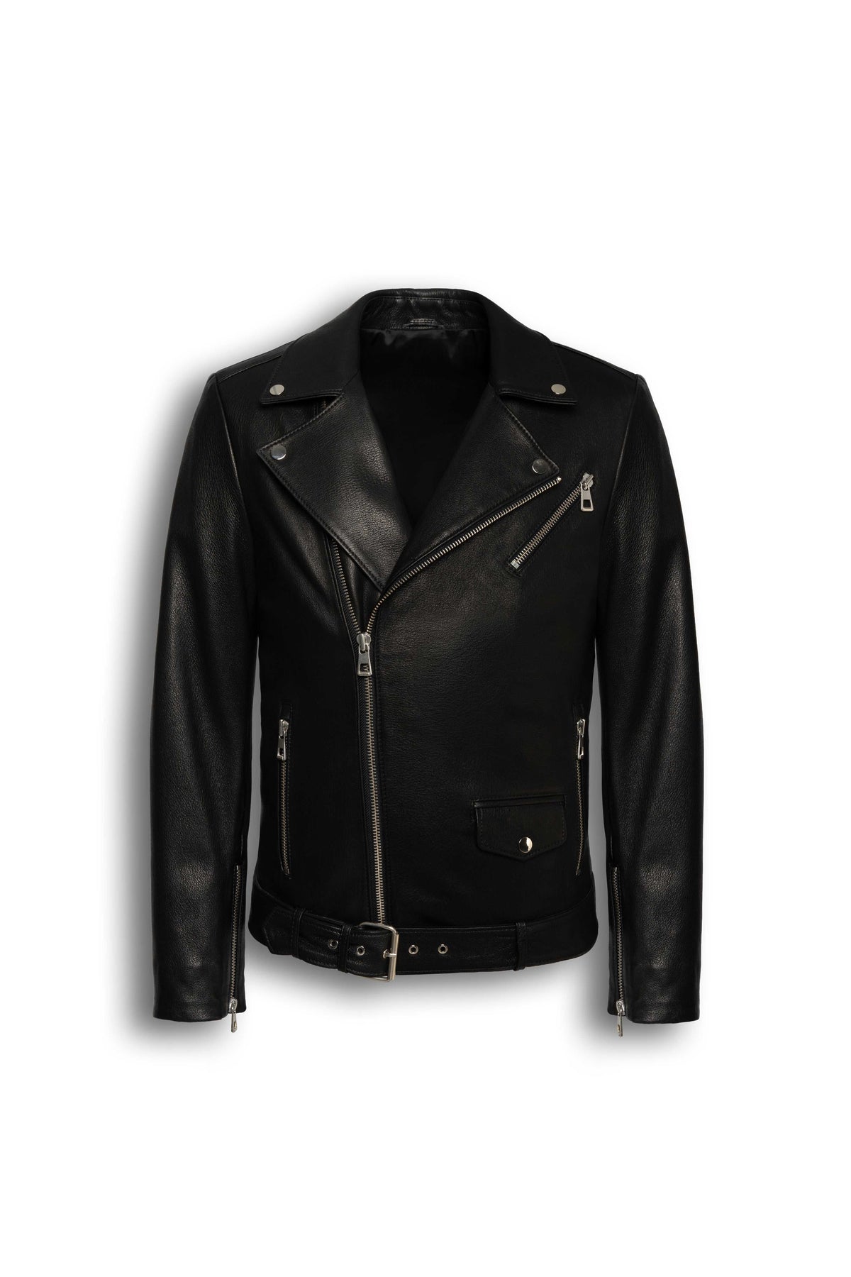 Valen Men's Black Leather Jacket with asymmetric zipper and silver hardware