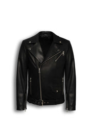 Valen Men's Black Leather Jacket with asymmetric zipper and silver hardware