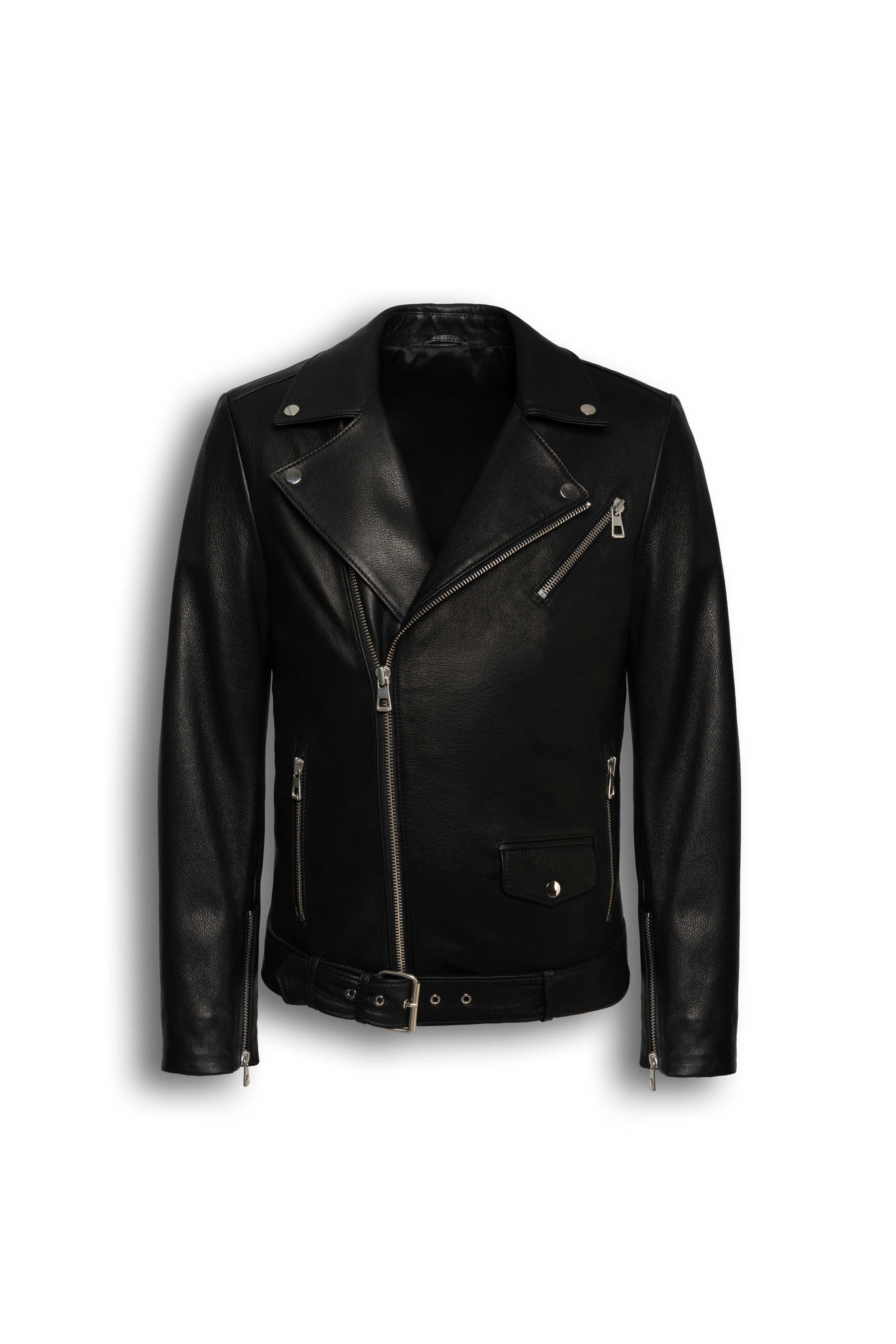 Valen Men's Black Leather Jacket with asymmetric zipper and silver hardware