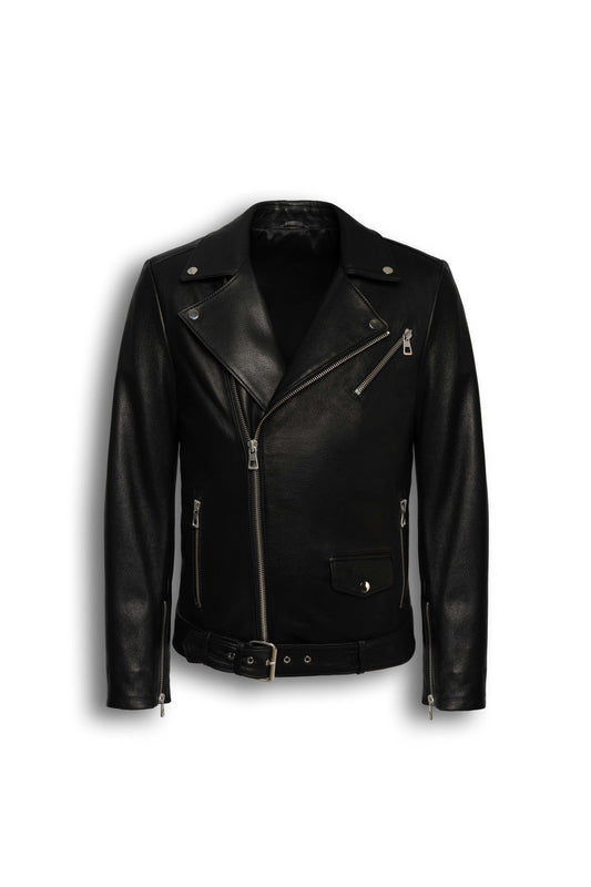 Valen Men's Black Leather Jacket with asymmetric zipper and silver hardware
