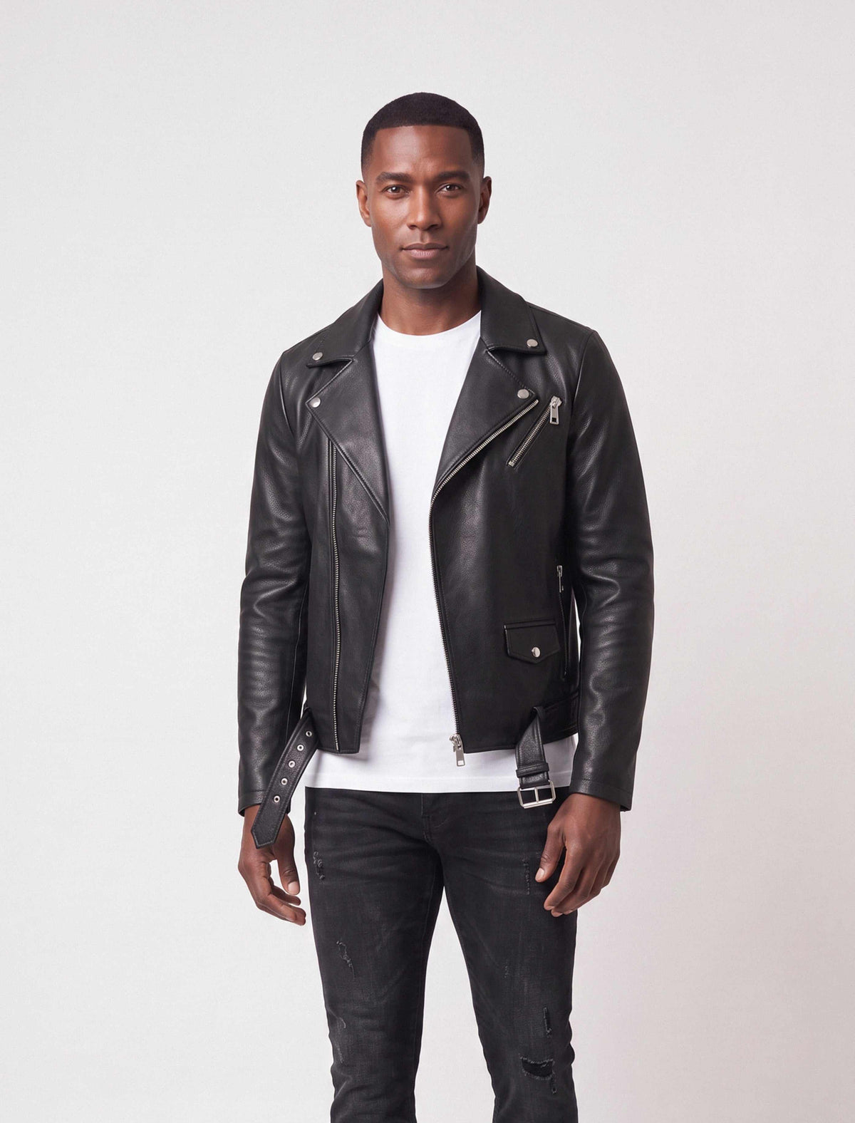 Valen Men's Black Leather Biker Jacket with asymmetric front and silver hardware