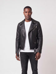 Valen Men's Black Leather Biker Jacket with asymmetric front and silver hardware