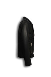 Valen Men's Black Leather Jacket with asymmetric closure and silver hardware