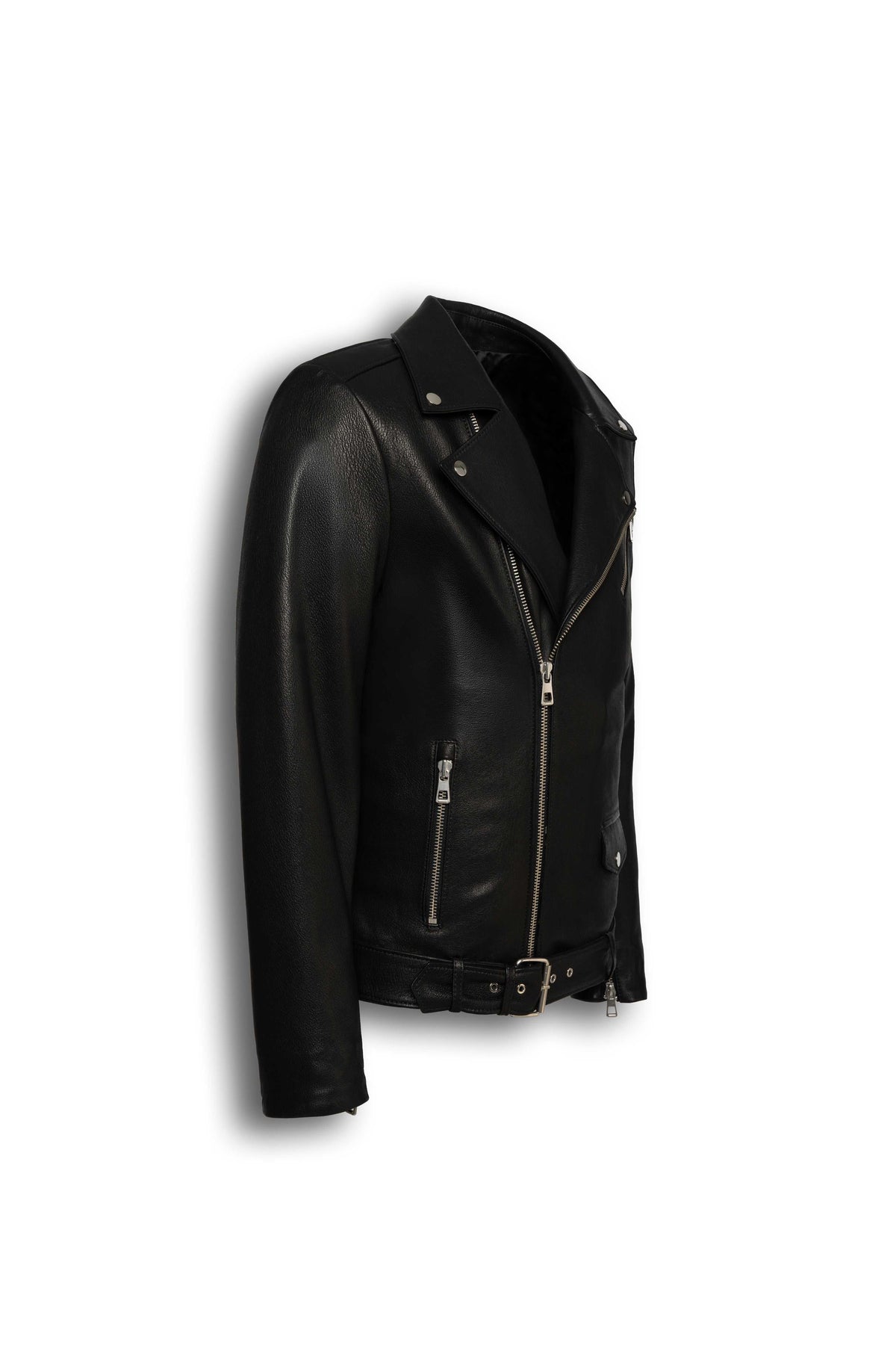 Valen Men's Black Leather Biker Jacket with asymmetric closure and silver hardware