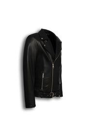 Valen Men's Black Leather Biker Jacket with asymmetric closure and silver hardware