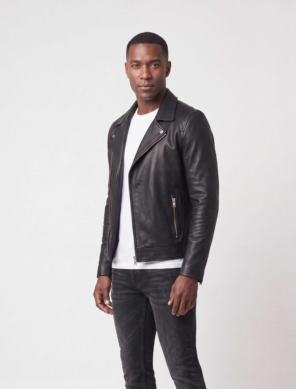 Valen Men's Black Leather Jacket with asymmetric closure and silver-tone hardware
