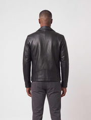 Valen Men's Black Leather Jacket with asymmetric closure and silver hardware