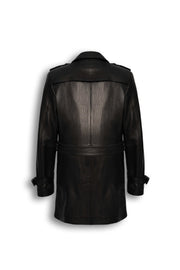 Back view of Valmont black leather trench coat with belted waist