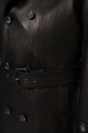 Adjustable leather waist belt detail on Valmont black trench coat