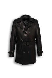 Valmont Men’s black belted leather trench coat with double-breasted front and structured lapels