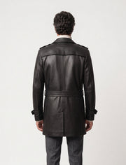 Man wearing Valmont black eather trench coat back view