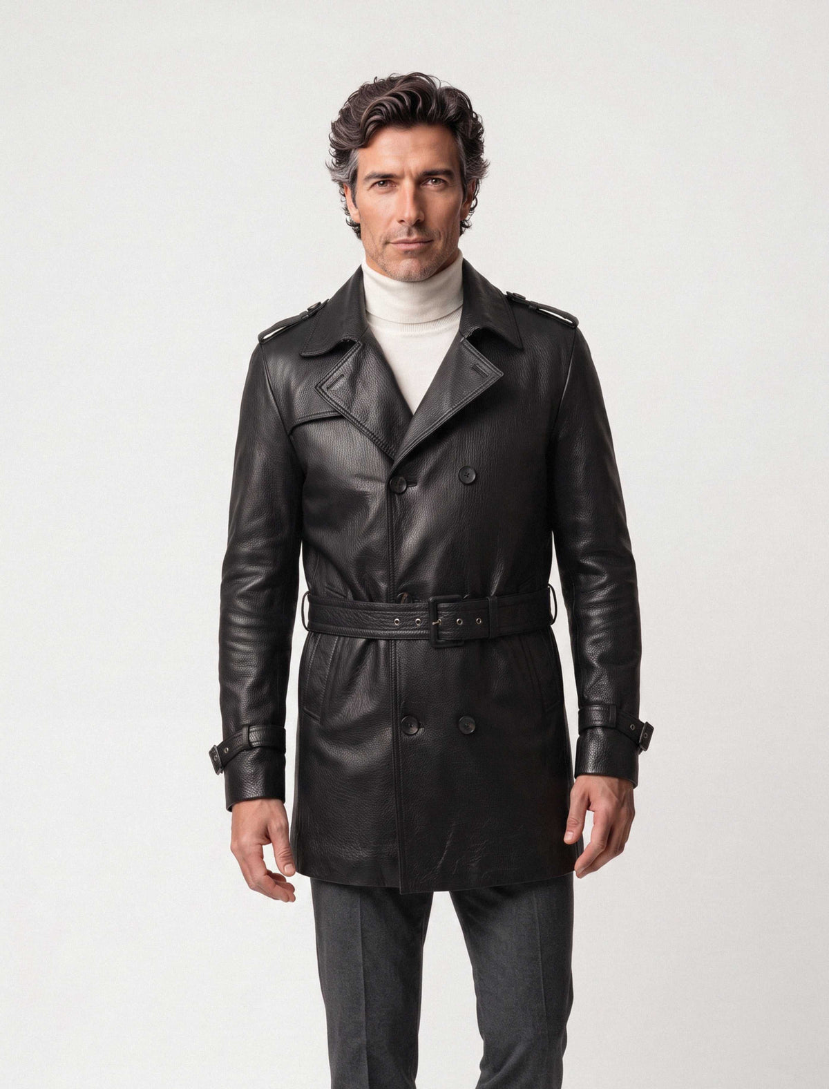 Men wearing Zalvaro Valmont black leather trench coat front view