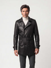 Men wearing Zalvaro Valmont black leather trench coat front view