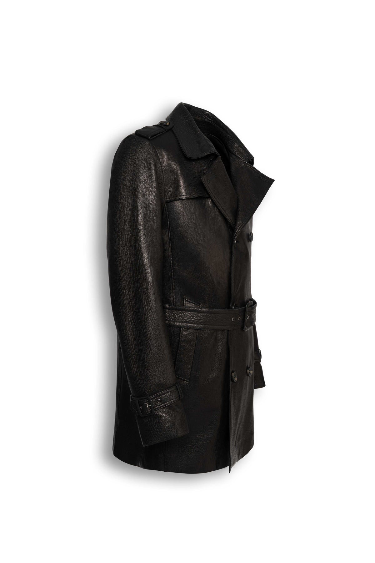 Three-quarter view of Valmont black belted leather trench coat for men