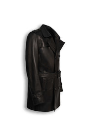 Three-quarter view of Valmont black belted leather trench coat for men
