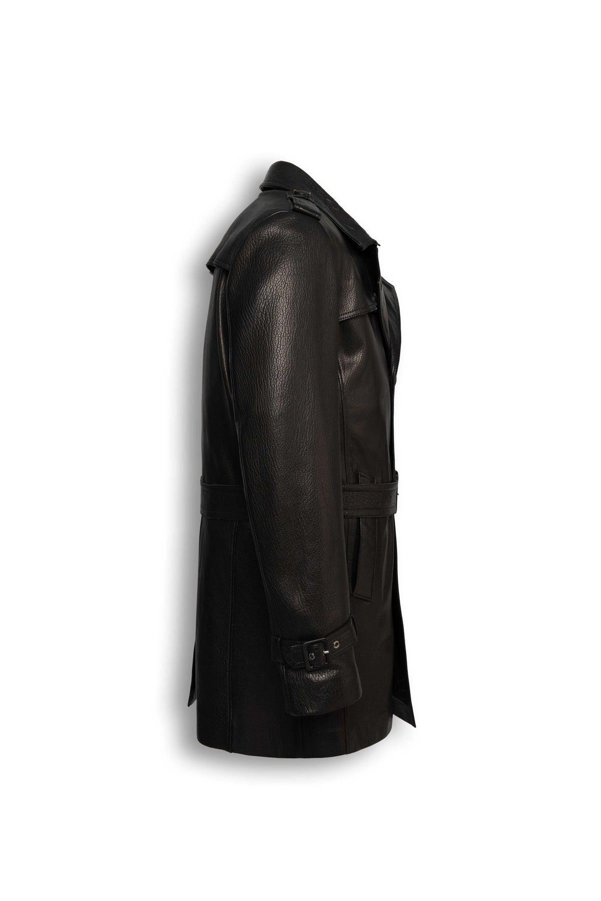 Side view of Zalvaro Valmont men’s black leather trench coat