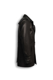Side view of Zalvaro Valmont men’s black leather trench coat