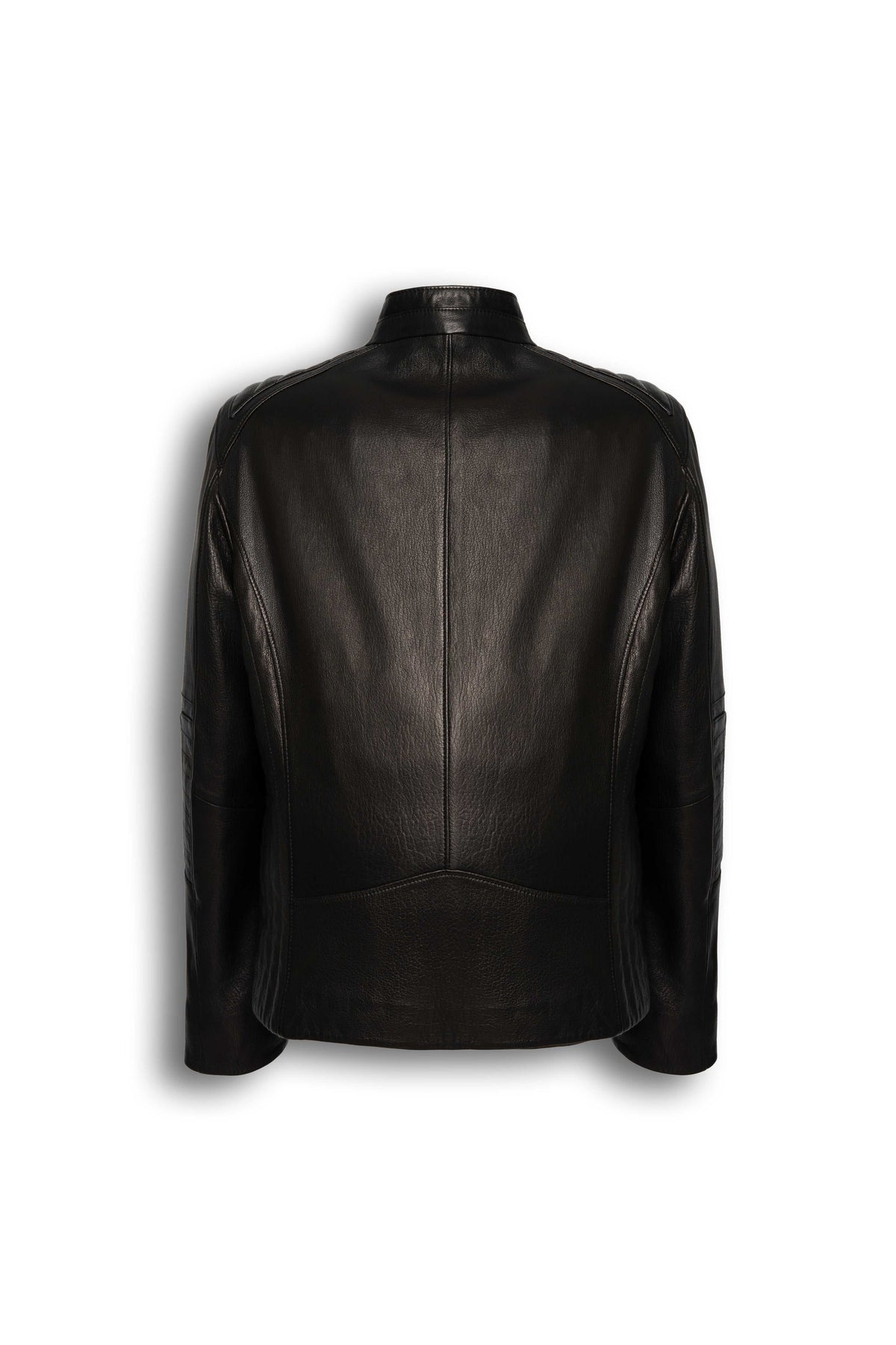 Varenn Men’s Leather Racer Jacket in black with quilted shoulders and stand collar