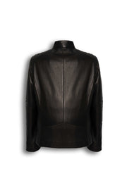 Varenn Men’s Leather Racer Jacket in black with quilted shoulders and stand collar