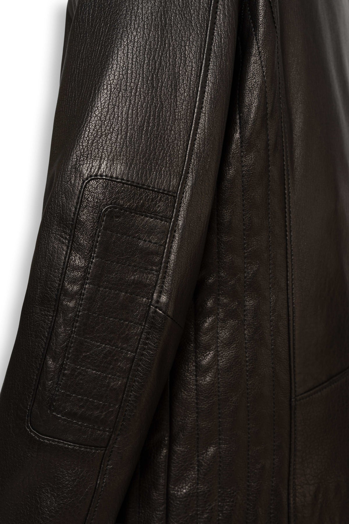 Varenn Men’s Leather Racer Jacket black genuine leather with quilted shoulders and stand collar