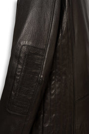 Varenn Men’s Leather Racer Jacket black genuine leather with quilted shoulders and stand collar