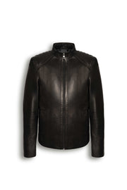 Varenn Men’s Leather Racer Jacket in black with quilted shoulders and stand collar