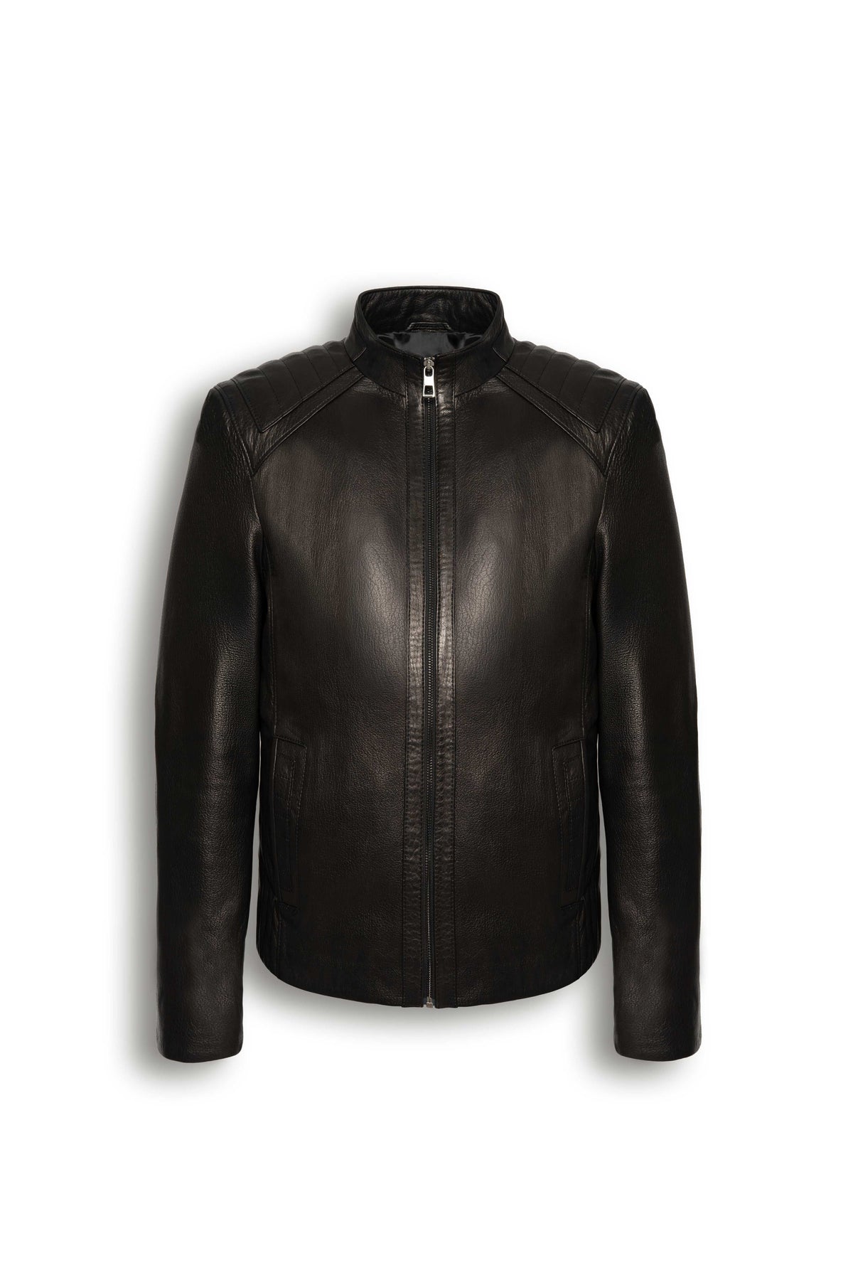 Varenn Men’s Leather Racer Jacket in black with quilted shoulders and stand collar