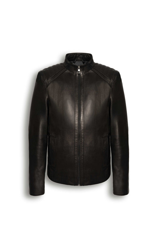 Varenn Men’s Leather Racer Jacket in black with quilted shoulders and stand collar