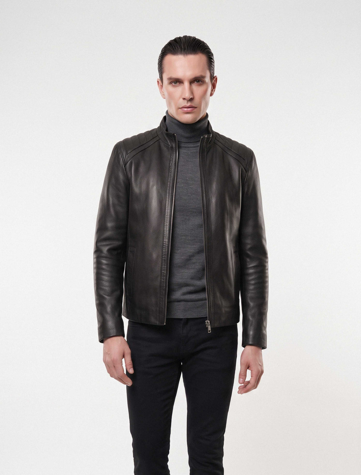 Varenn Men’s genuine black leather racer jacket with quilted shoulders and stand collar