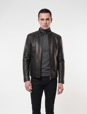 Varenn Men’s genuine black leather racer jacket with quilted shoulders and stand collar