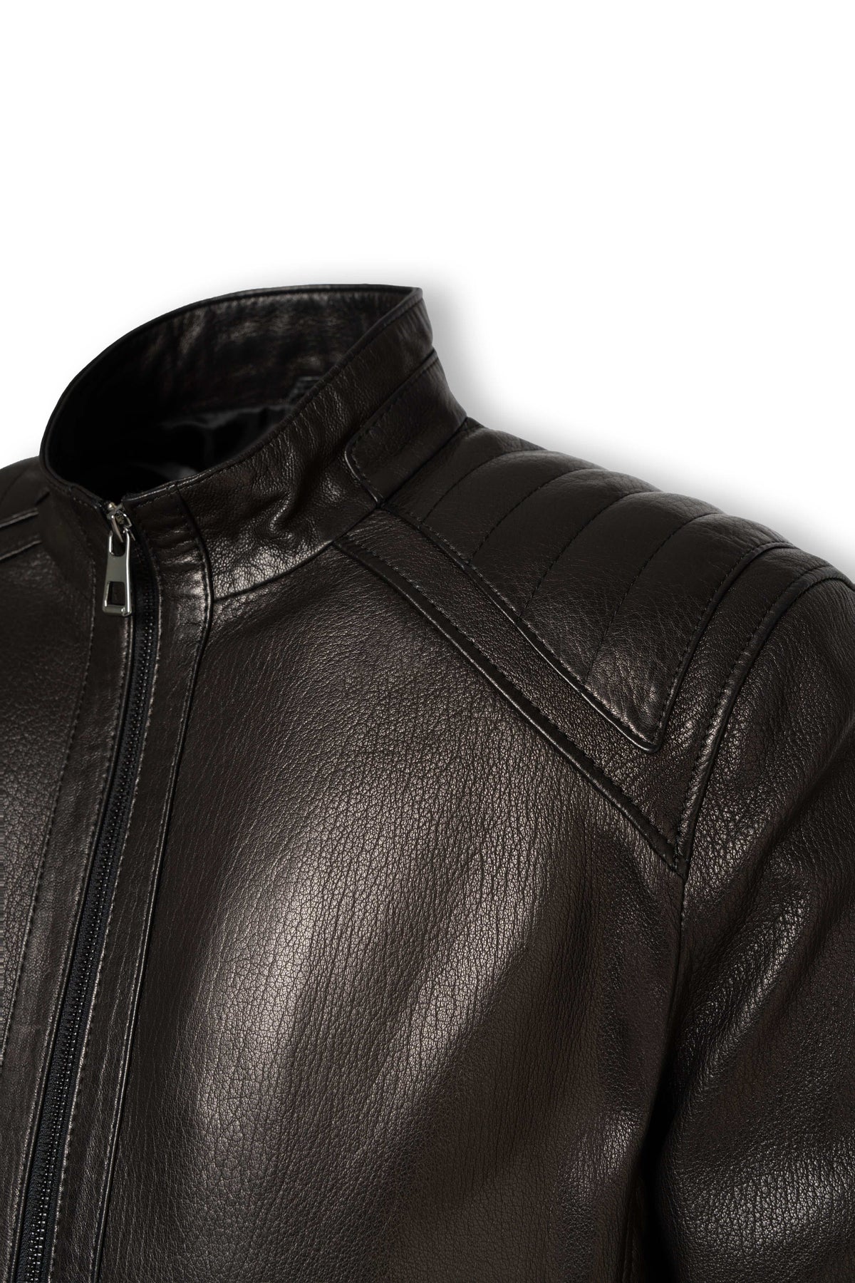 Varenn Men’s genuine black leather racer jacket with quilted shoulders and stand collar