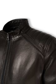 Varenn Men’s genuine black leather racer jacket with quilted shoulders and stand collar